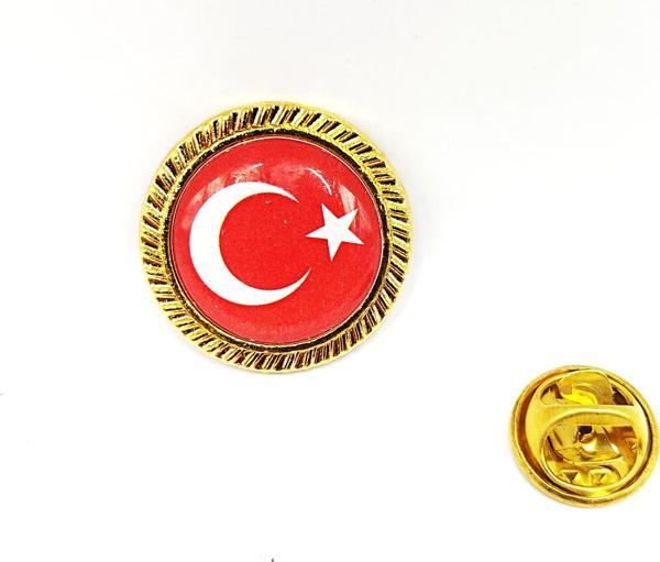 Yuvarlak Gold Renkli Türk Bayraklı Yaka Rozeti  - 1 Adet - Image 1