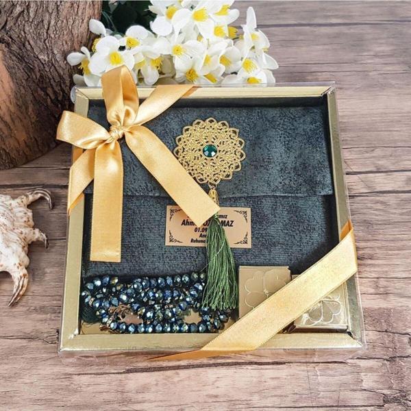 İkranur Hediyelik Kadife Yasin Kitabı Çantalı (İsme Özel), Kristal Tesbih, Lokumlu Dini Set-Yeşil - Image 1