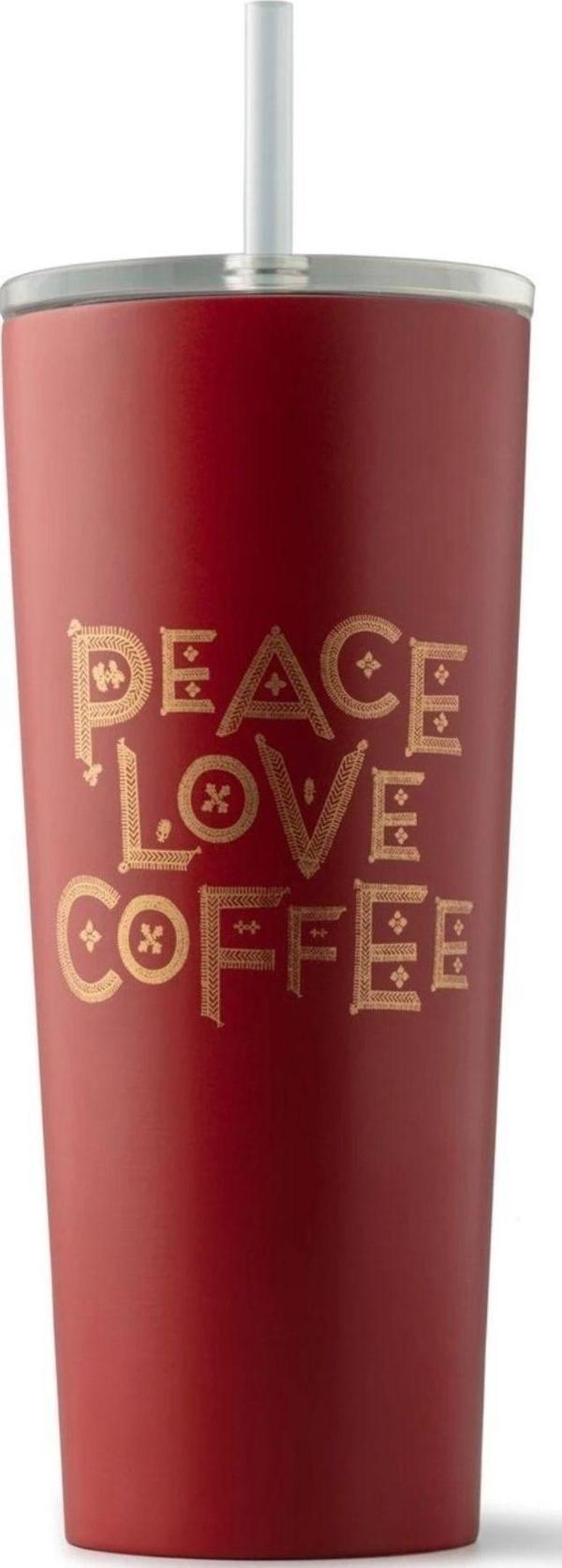 Starbucks Kırmızı Renkli Peace Love Coffee Tasarımlı Soğuk Icecek Bardağı - Image 1