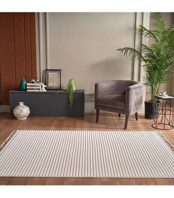 Gümüşsuyu Deco Alvin 12612 160x230 Yeni Yüksek Kalite Modern Kabartmalı Örgü Saçaklı Krem Salon Halısı - Image 1