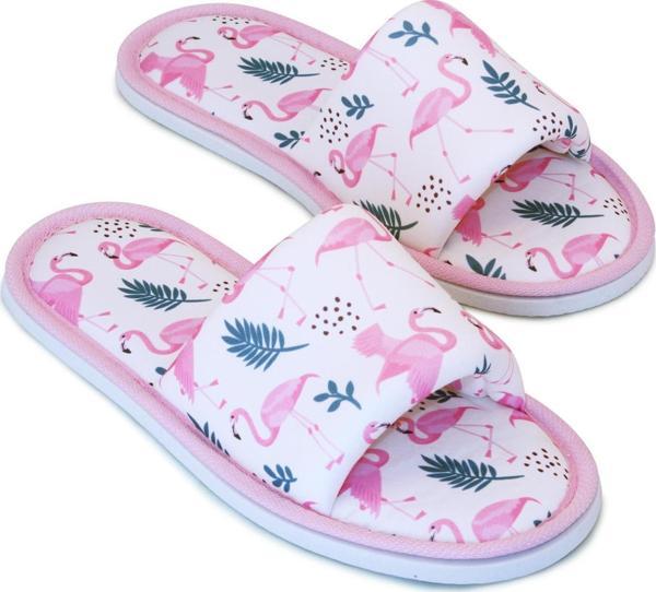 Kadın Beyaz Flamingo Desenli Önü Açık Yumuşak Tabanlı Ev Terlik - Image 1