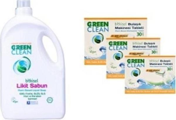 Green Clean Bitkisel Bulaşık Makinesi Tableti 30 Adet + Likit Sabun 2750ml 4'lü Set - Image 1