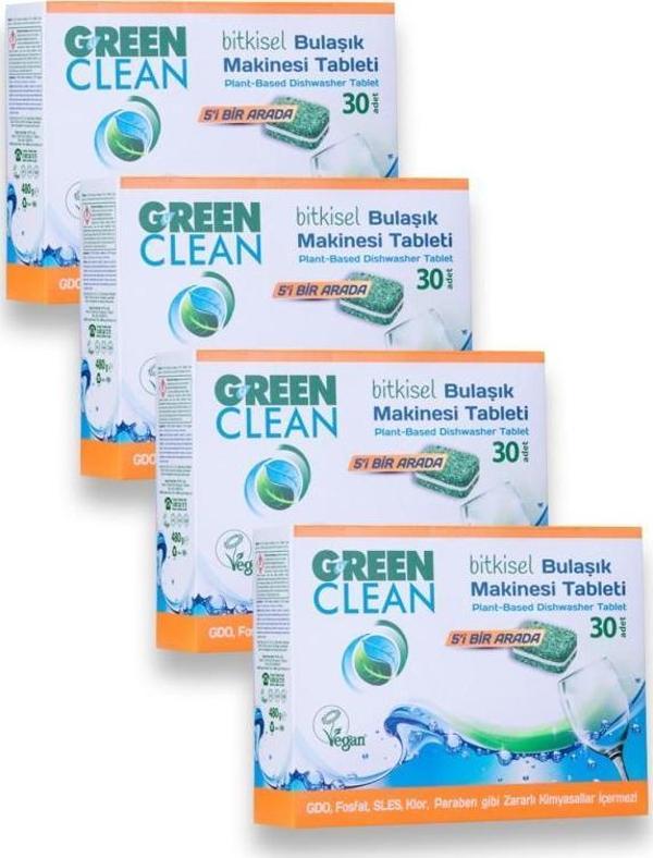 Green Clean Vegan Sertifikalı Bitkisel Bulaşık Makinesi Tableti 30 Adet 5'i Bir Arada 4'lü Set - Image 1