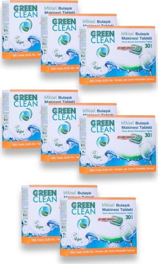 Green Clean Vegan Sertifikalı Bitkisel Bulaşık Makinesi Tableti 30 Adet 5'i Bir Arada 8'li Set - Image 1