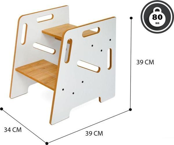 Minera Çocuk / Yetişkin Montessori Ahşap Basamak, Yükseltici, Tabure / Beyaz + Naturel - Image 1