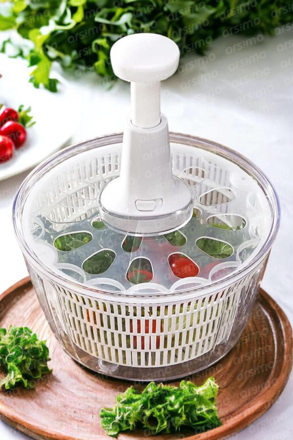 Manuel Üstten Basmalı Sebze Salata Kurutucu | Pratik Kurutma Süzgeçli Sebze Kurutmatik 5 Litre - Image 1