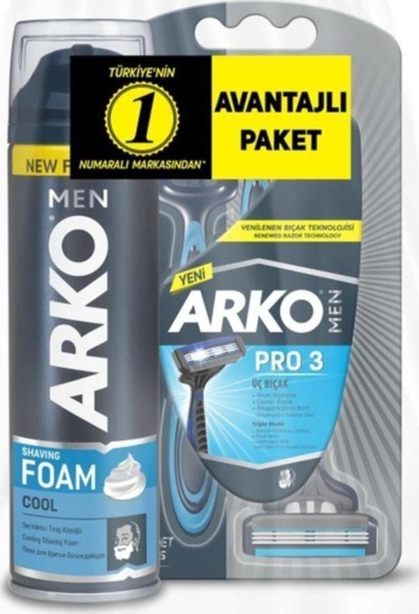 Arko Men T3 Pro 3 Bıçaklı Tıraş Bıçağı 3'Lü & Cool Tıraş Köpüğü 200 Ml Avantaj Paketi - Image 1