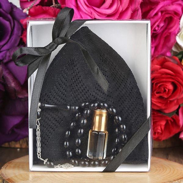 Hediyelik Takke, 33 lü Tesbih, Alkolsüz Esans 3 ml Asetat kutulu 12*15 cm 261 gram-Siyah - Image 1