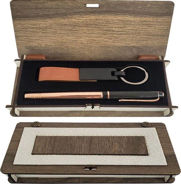 Ahşap Kutulu Bakır Kalem Anahtarlık Set - Image 1