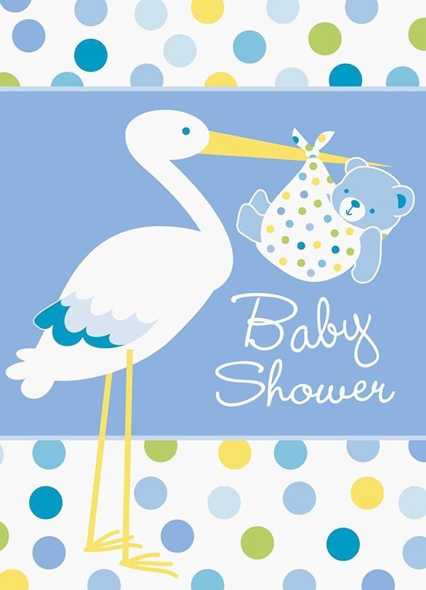 Baby Boy Stork Temalı Mavi Renk Baby Shower Davetiye 8 Adet - Image 1