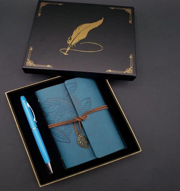 Metal Kalem Ve Mavi Deri Defter - Image 1