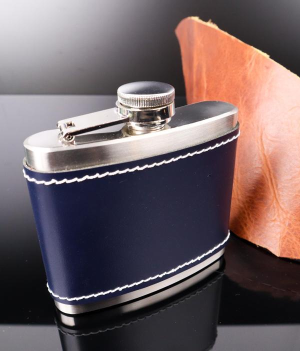 Perlotus 5 Oz-150 cc Hunili Lacivert Premium Deri Kılıf Çelik Viski İçki Konyak Matarası Sevgililer Günü - Image 1