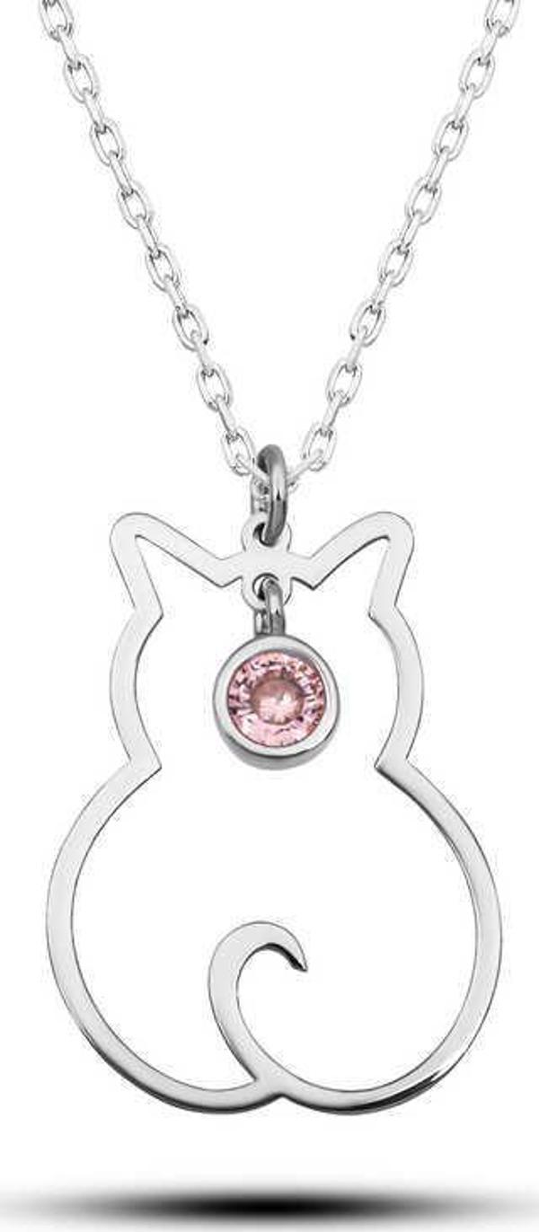 925 Ayar Gümüş Ekim Ayı Doğum Taşı Kedi Kadın Kolye - Image 1