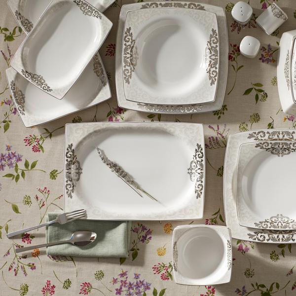 Karaca Nazende Fine Cream 60 Parça 12 Kişilik Porselen Yemek Takımı Kare - Image 1