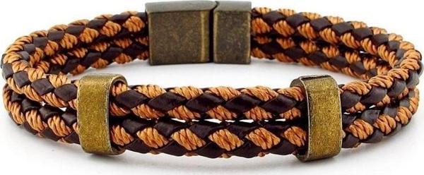 Bronz Klips İki Sıra Kahve Taba Örgü Deri Erkek Bileklik M038F - Image 1