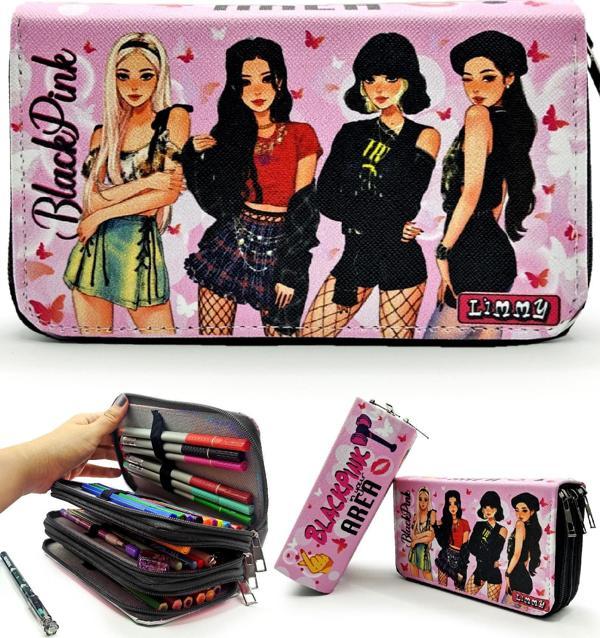 Kalem Kutusu Black Pink Organizer Vegan Deri Üç Bölmeli Kalemlik-Siyah - Image 1
