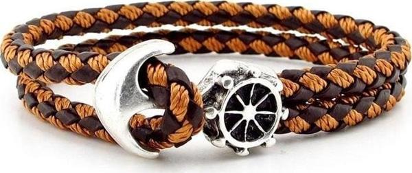 Çapa Dümen Denizci Kahve Taba Örgü Deri Erkek Bileklik M035F - Image 1