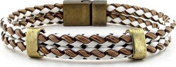 KAHVE BEYAZ ÖRGÜ BRONZ MIKNATISLI DERİ ERKEK BİLEKLİK BT397 - Image 1