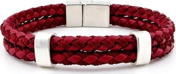 Metal Manyetik Klips Çift Sıra Bordo Örgü Deri Erkek Bileklik M039D - Image 1
