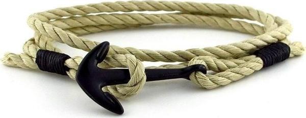 KREM RENGİ HALAT ÜÇ SIRA SİYAH ÇAPA GEMİCİ ERKEK BİLEKLİK M023F - Image 1