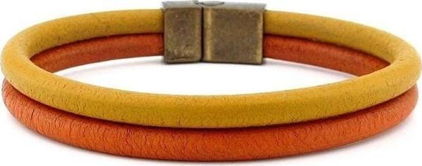 Sarı Kızıl Taba Orjinal Deri İki Sıra Metal Erkek Bileklik M016S - Image 1