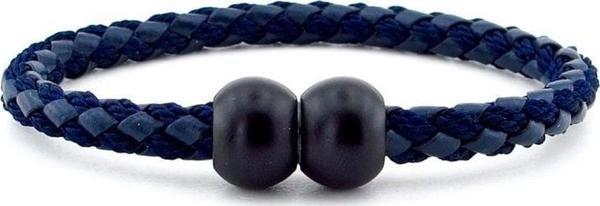 SİYAH TOP METAL KLİPSLİ LACİVERT ÖRGÜ DERİ ERKEK BİLEKLİK M034C - Image 1