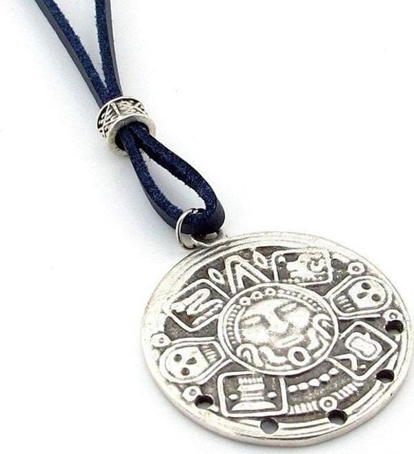 AZTEK GÜNEŞİ METAL MADALYON LACİVERT DERİ ERKEK KOLYE Q0450 - Image 1