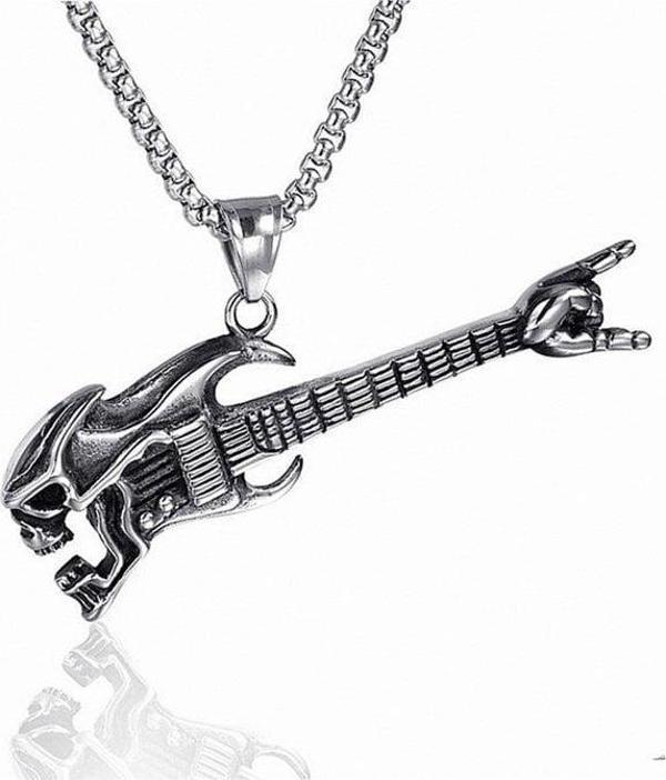 BASS GİTAR KURUKAFA ROCK N ROLL ÇELİK ERKEK KOLYE ZİNCİR Q0555 - Image 1