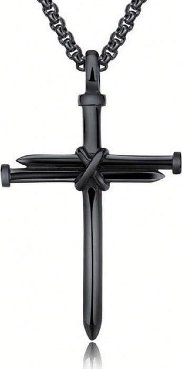 ÇİVİ HAÇ ÇARMIH İSTAVROS KATOLİK ERKEK SİYAH METAL KOLYE Q0466 - Image 1