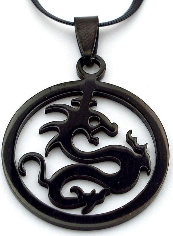 Ejderha Dragon İtalyan Yassı Siyah Çelik Erkek Kolye Q0694 - Image 1