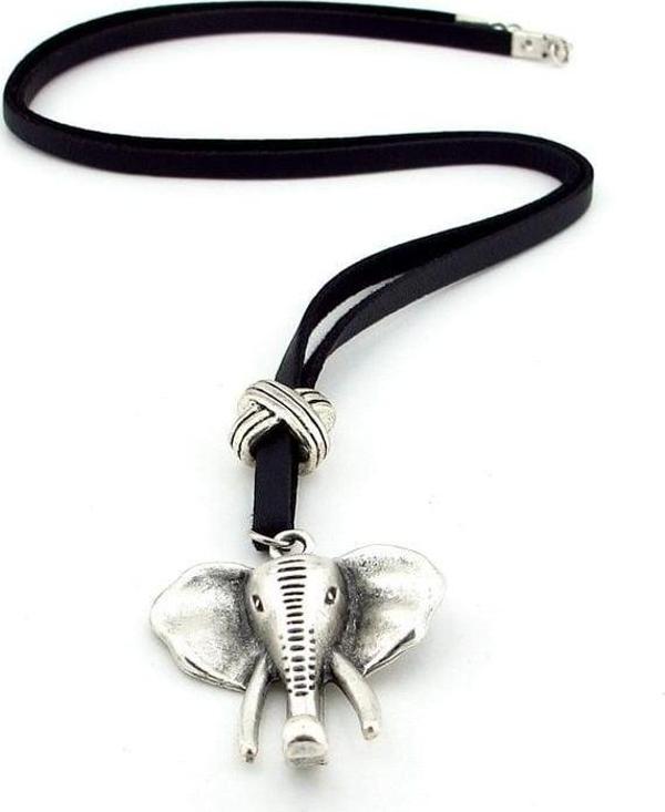 FİL ELEPHANT METAL MADALYON ORJİNAL SİYAH DERİ ERKEK KOLYE Q0653 - Image 1