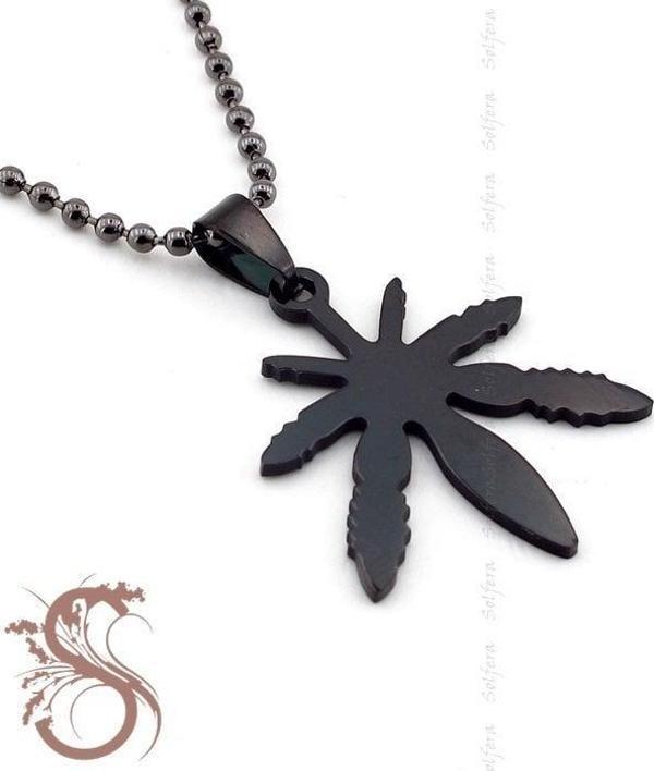 SİYAH PASLANMAZ ÇELİK CANNABİS ERKEK KOLYE K358 - Image 1