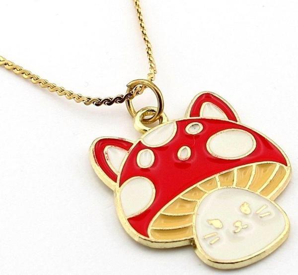 Kawaii Fungi Cat Kedi Mantar Sarı Paslanmaz Çelik Zincir Kadın Kolye Q0781 - Image 1