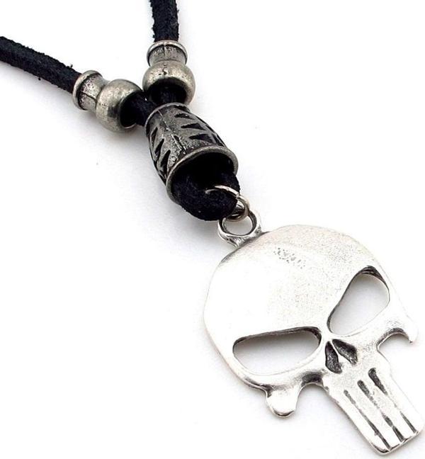 Punsiher Marvel Metal Uçlu Siyah Gerçek Deri Erkek Kolye Q0677 - Image 1