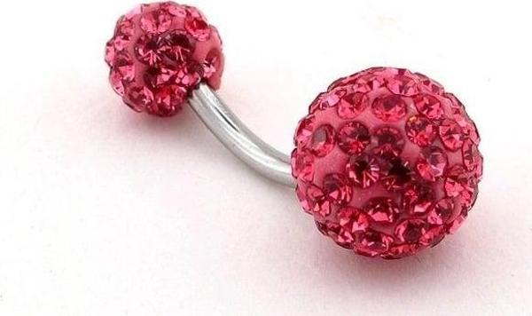 PEMBE KRİSTAL TAŞLI DİSKO TOPU ÇELİK GÖBEK PİERCİNG P444 - Image 1