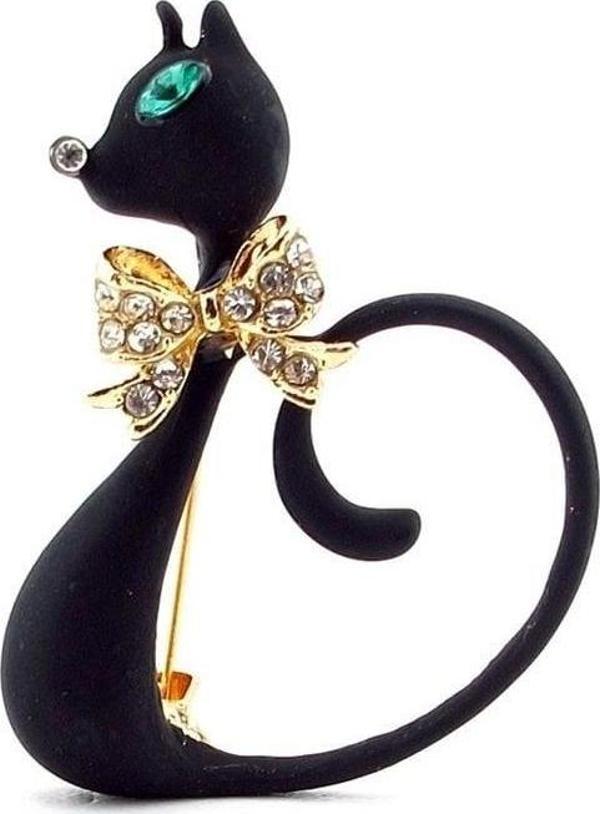 ZARİF KARA KEDİ ZİRKON TAŞLI BÜYÜK BOY ROZET BROŞ RZ071 - Image 1