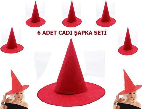 Kırmızı Renk Keçe Cadı Şapkası Yetişkin Çocuk Uyumlu 6 Adet - Image 1