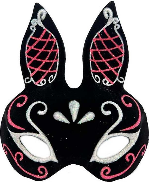 Siyah Renk Kırmızı Beyaz Simli Siyah Süet Kaplama Tavşan Maskesi 18x16 Cm - Image 1