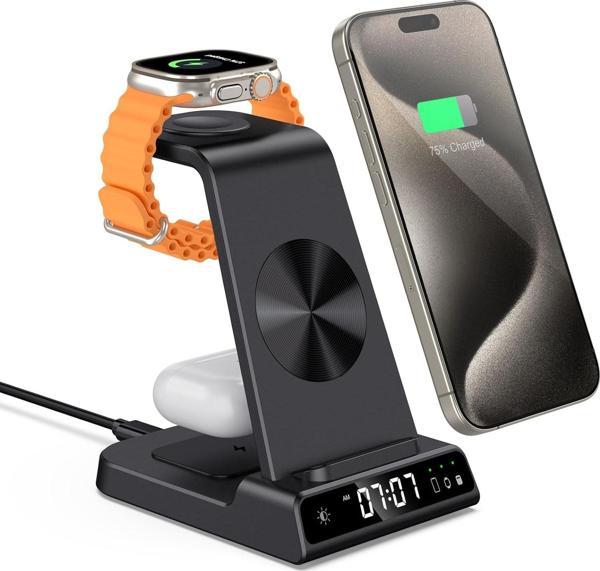 Phelinta Dijital Saatli, 4'Ü 1 Arada Kablosuz Şarj İstasyonu Apple İçin - Siyah - Image 1