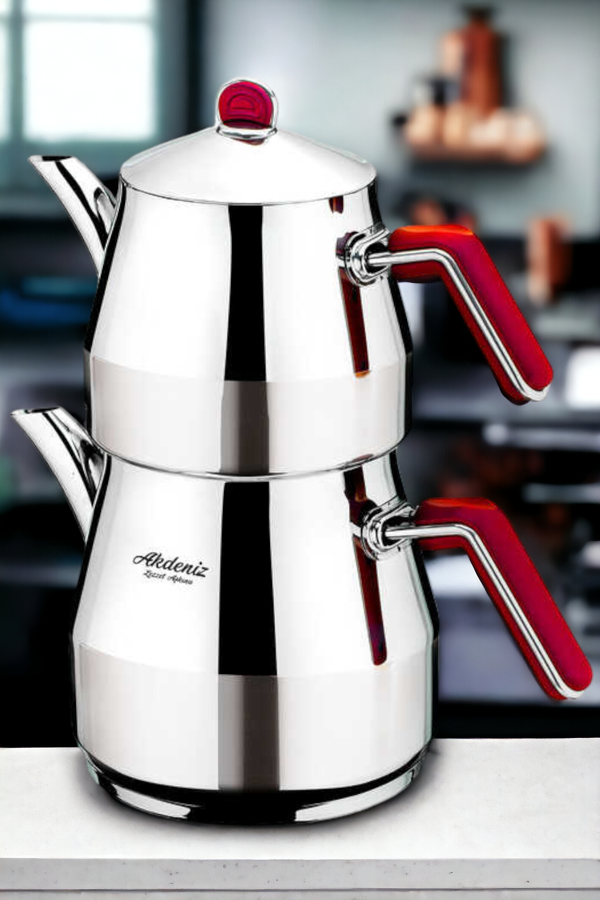 Akdeniz Serisi Bakalit Kırmızı Kulp Jumbo Boy Çelik Çaydanlık Takımı | Kırmızı Jumbo Boy Çaydanlık - Image 1