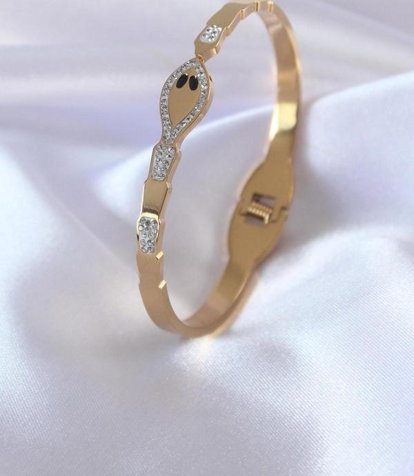 316L Çelik Gold Renk Yılan Model Zirkon Taş Detay Kadın Kelepçe - Image 1