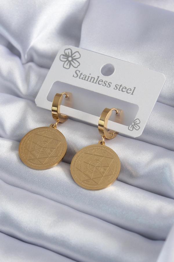 316L Çelik Gold Renk Pentagram İşleme Model Kadın Küpe - Image 1