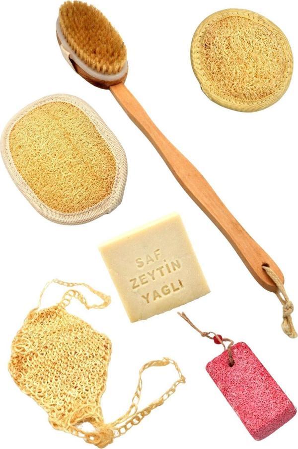 6'lı Banyo Seti Doğal Kabak Lifi + Zeytinyağlı Sabun +At Kılı Masaj Fırçası + Topuk Taşı - Image 1