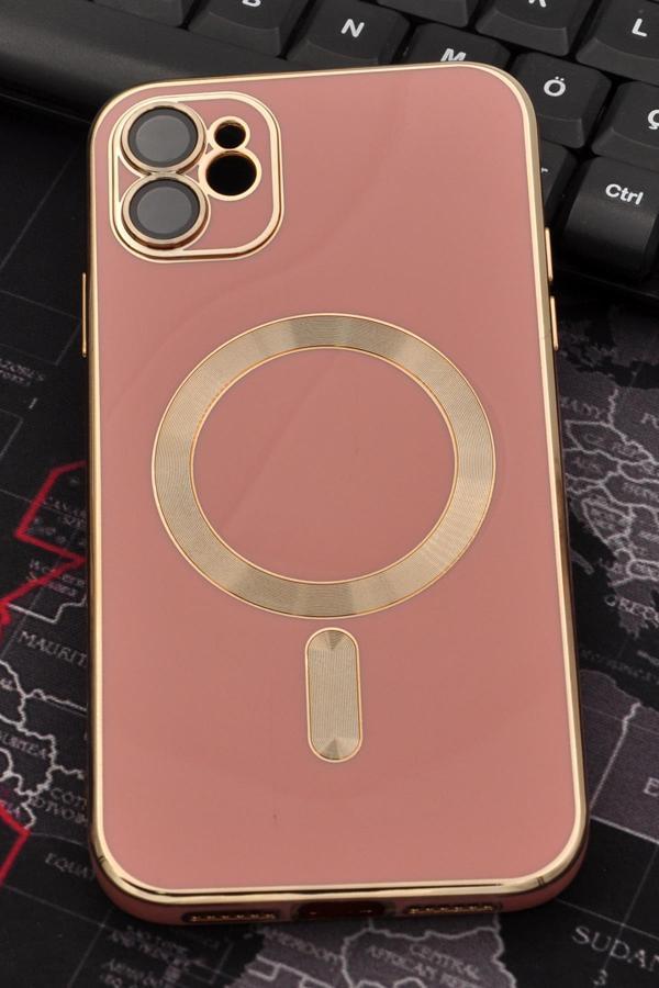 iPhone 11 Uyumlu MagSafe Özellikli Lens Korumalı Lazerli Renkli Kılıf Pudra Pembe - Image 1