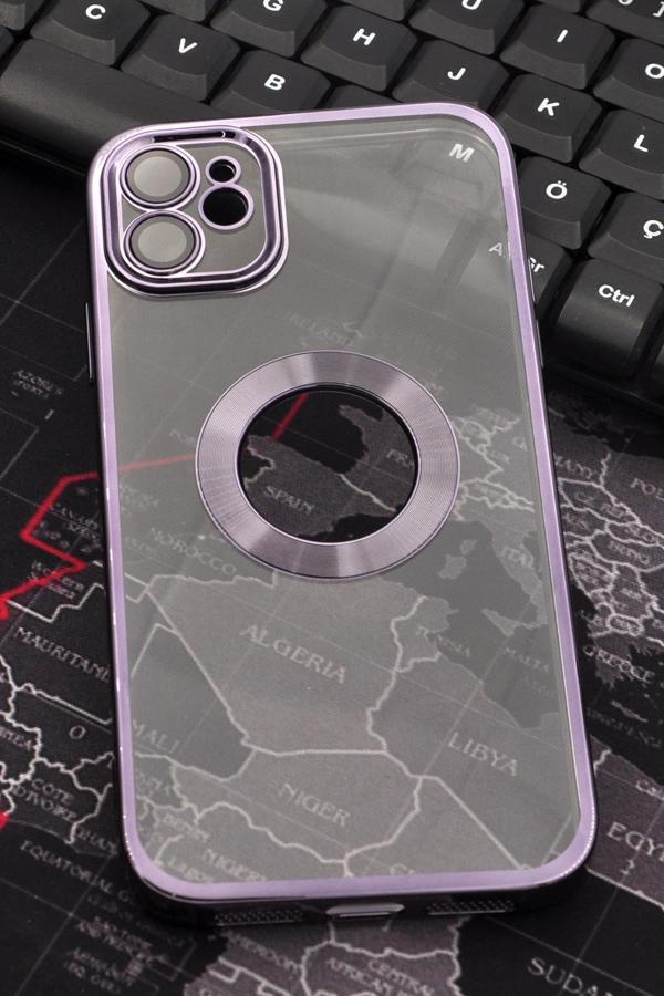 iPhone 11 Uyumlu Mor Renkli Kenarlı Lazerli Şeffaf Kılıf Lens Korumalı - Image 1