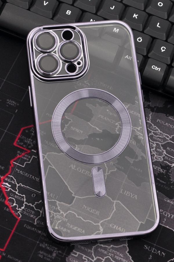 iPhone 13 Pro Max Uyumlu MagSafe Özellikli Mor Renkli Kenarlı Lazerli Şeffaf Kılıf Lens Korumalı - Image 1