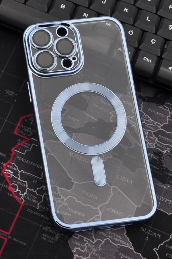 iPhone 13 Pro Max Uyumlu MagSafe Özellikli Saks Mavi Renkli Kenarlı Lazerli Şeffaf Kılıf Lens Korumalı - Image 1