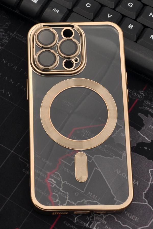 iPhone 13 Pro Uyumlu MagSafe Özellikli Altın Sarı Gold Renkli Kenarlı Lazerli Şeffaf Kılıf Lens Korumalı - Image 1
