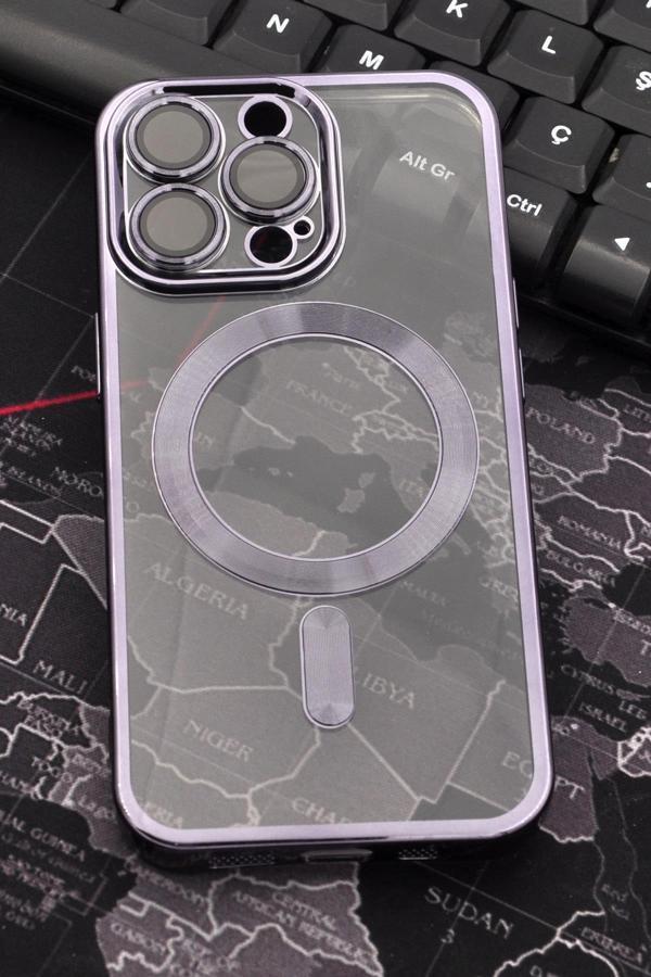 iPhone 13 Pro Uyumlu MagSafe Özellikli Mor Renkli Kenarlı Lazerli Şeffaf Kılıf Lens Korumalı - Image 1