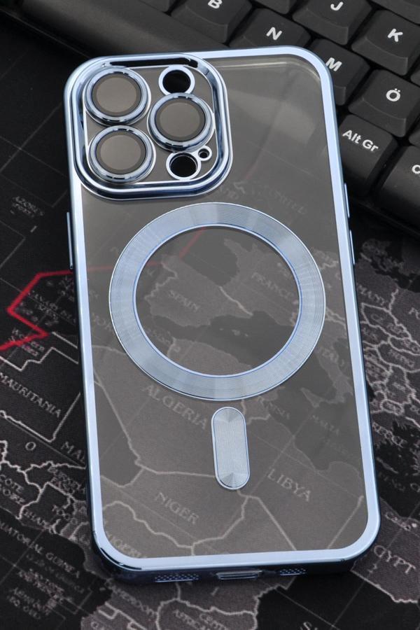 iPhone 13 Pro Uyumlu MagSafe Özellikli Saks Mavi Renkli Kenarlı Lazerli Şeffaf Kılıf Lens Korumalı - Image 1